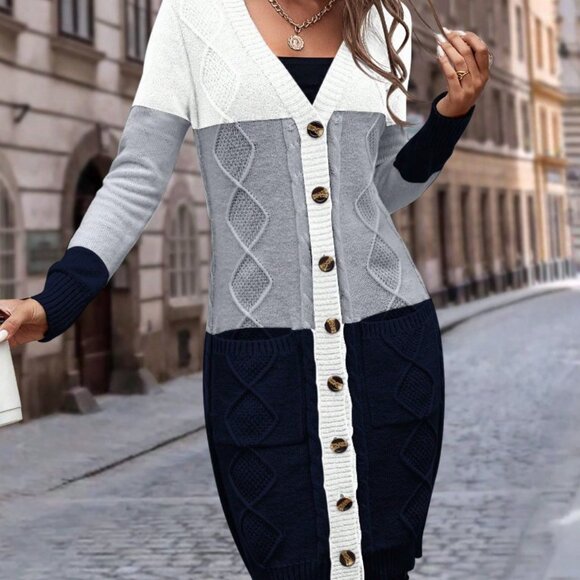 Multicolor Casual Women's Long Sleeve Color Block Cardigan - Picture 6 of 6